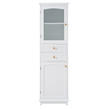 Elegant 63" Tall White Bathroom Storage Cabinet with Glass Doors, Two Drawers, Adjustable Shelves, and Anti-Tipping Design - Perfect for Organizing and Displaying Essentials