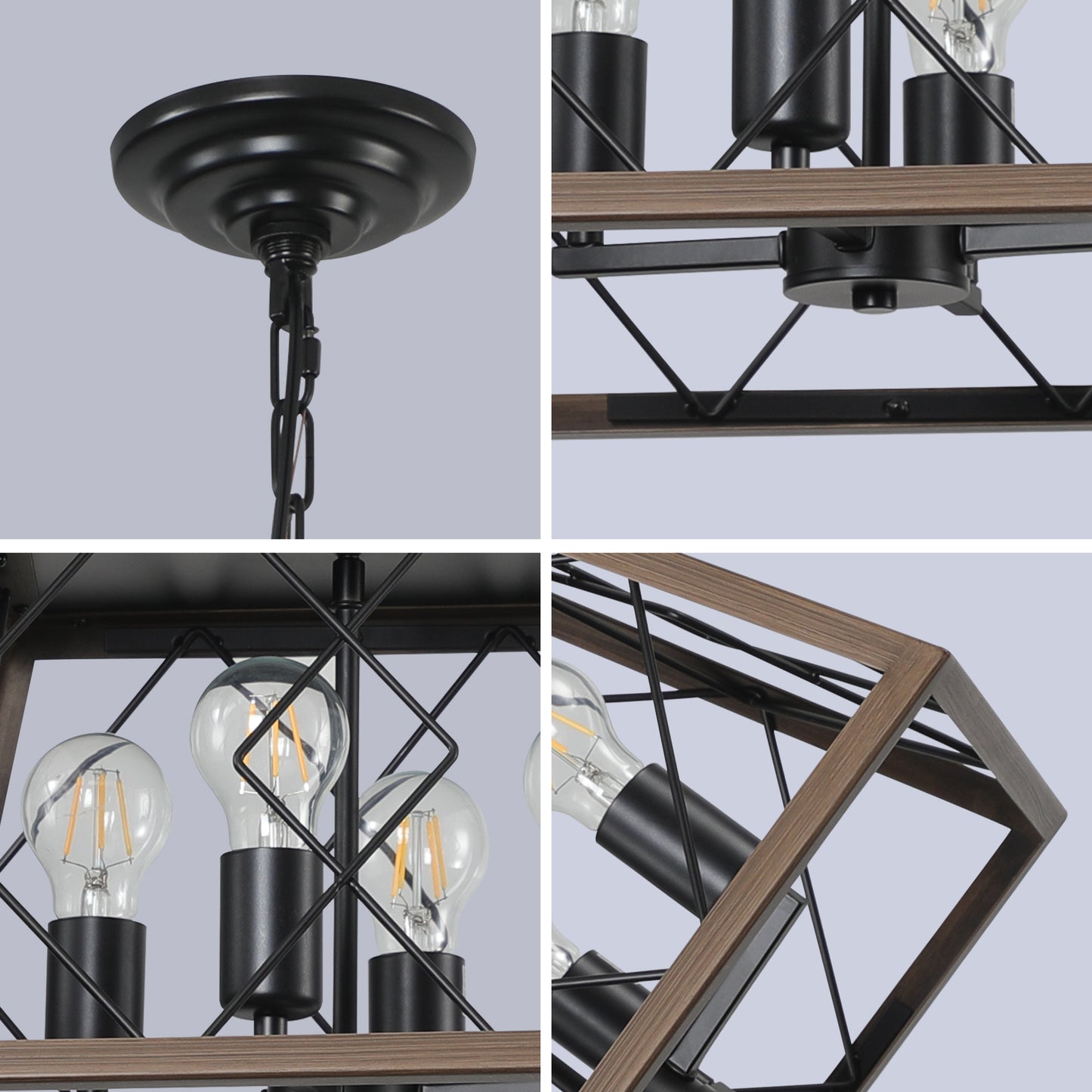 Farmhouse 4-Light Chandelier for Kitchen Island&Dining Iron Pendant with Adjustable Chain Walnut + Black