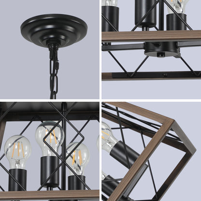 Farmhouse 4-Light Chandelier for Kitchen Island&Dining Iron Pendant with Adjustable Chain Walnut + Black