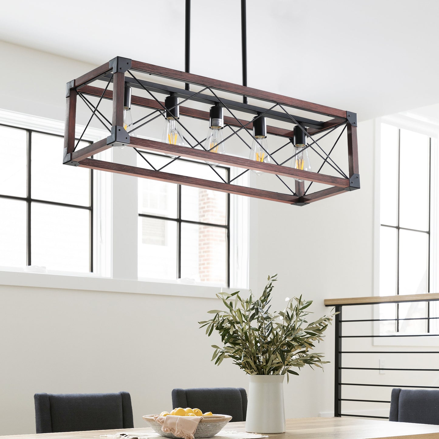 5-Light Farmhouse Chandelier for Kitchen Island; Iron & Wood; E26 Base; Adjustable; Red
