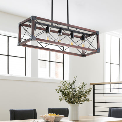 5-Light Farmhouse Chandelier for Kitchen Island; Iron & Wood; E26 Base; Adjustable; Red
