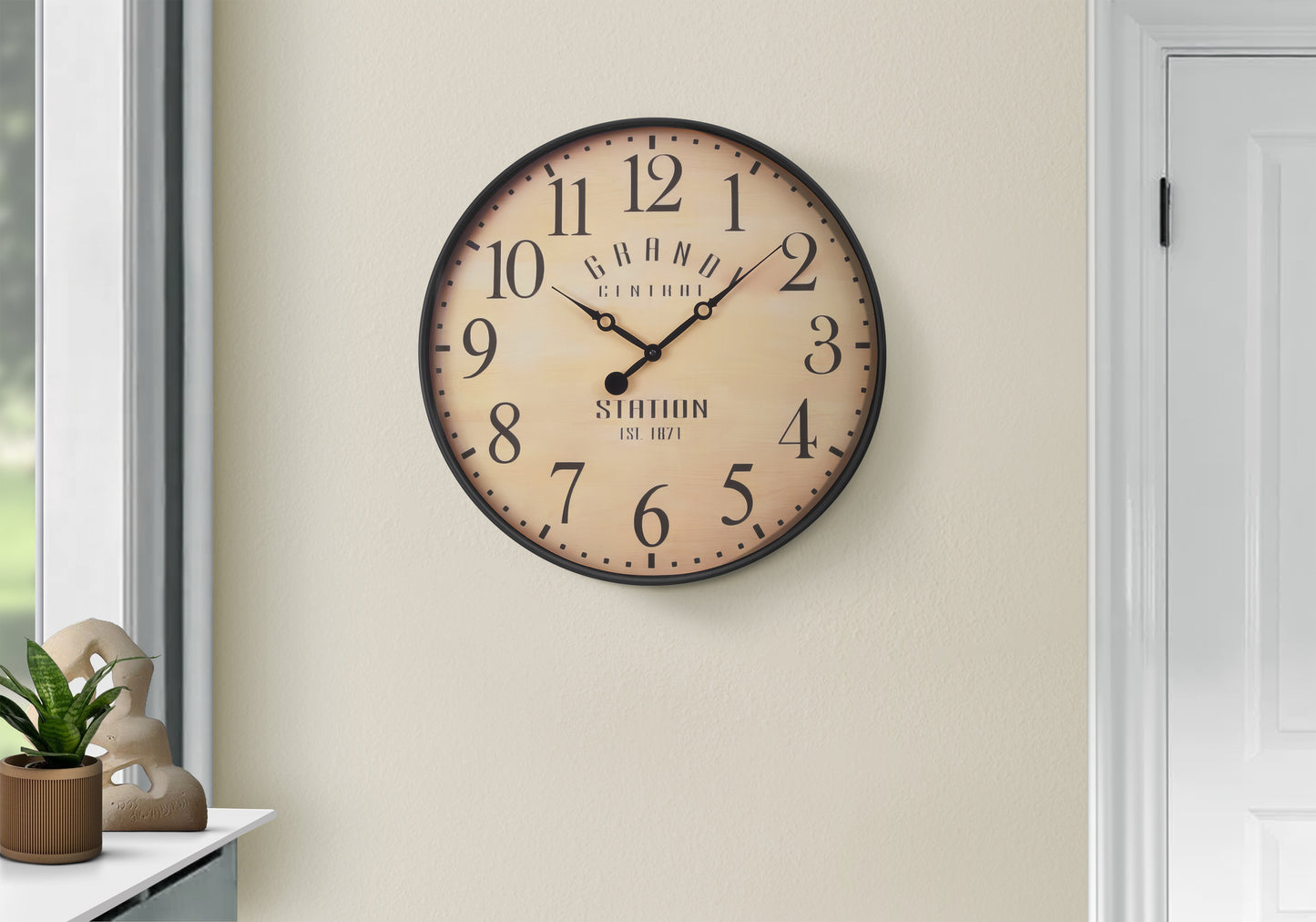 20-Inch Round Wall Clock, Glass Face, Plastic Frame, Non-Ticking Quartz Movement, Transitional Style Antique Brown