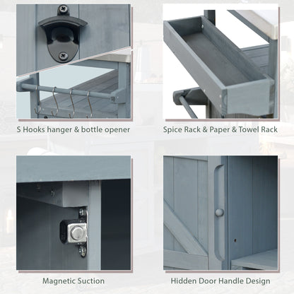 Rolling Outdoor Kitchen Island with Stainless Steel Top, Grey Blue Fir Wood Bar Cart & Storage Cabinet for BBQ and Garden Parties