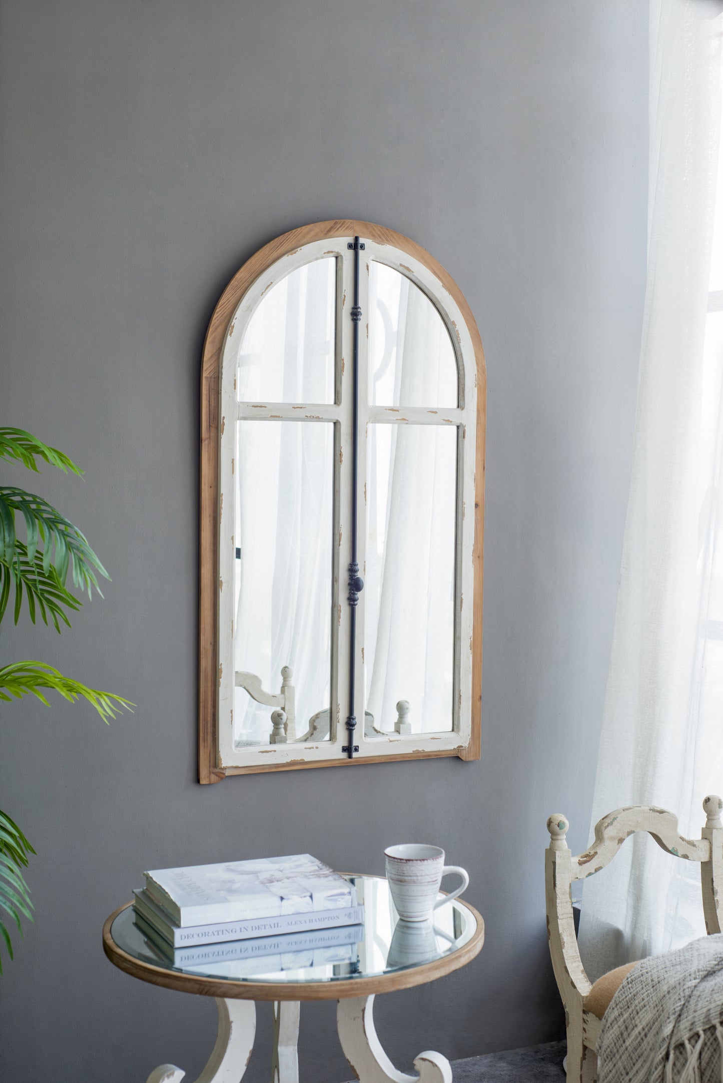 Carina Arched Window Frame Wall Mirror - 27.5" x 48" Distressed White Finish