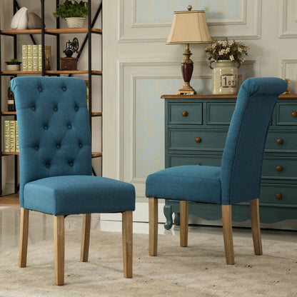 Solid Wood Parsons Dining Chair Set of 2, Tufted Upholstered 26W x 18D x 39.2H in, Oak Finish, Blue
