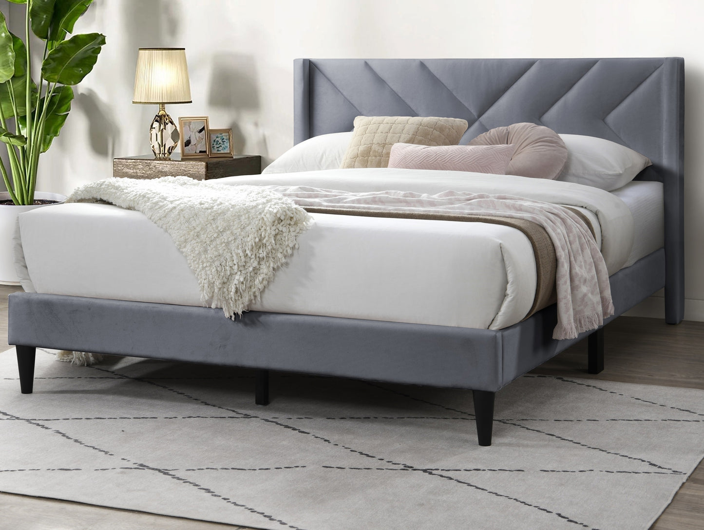 Stylish Gray Velvet Queen Bed Frame with Geometric Headboard – Modern Upholstered Design