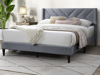 Stylish Gray Velvet Queen Bed Frame with Geometric Headboard – Modern Upholstered Design
