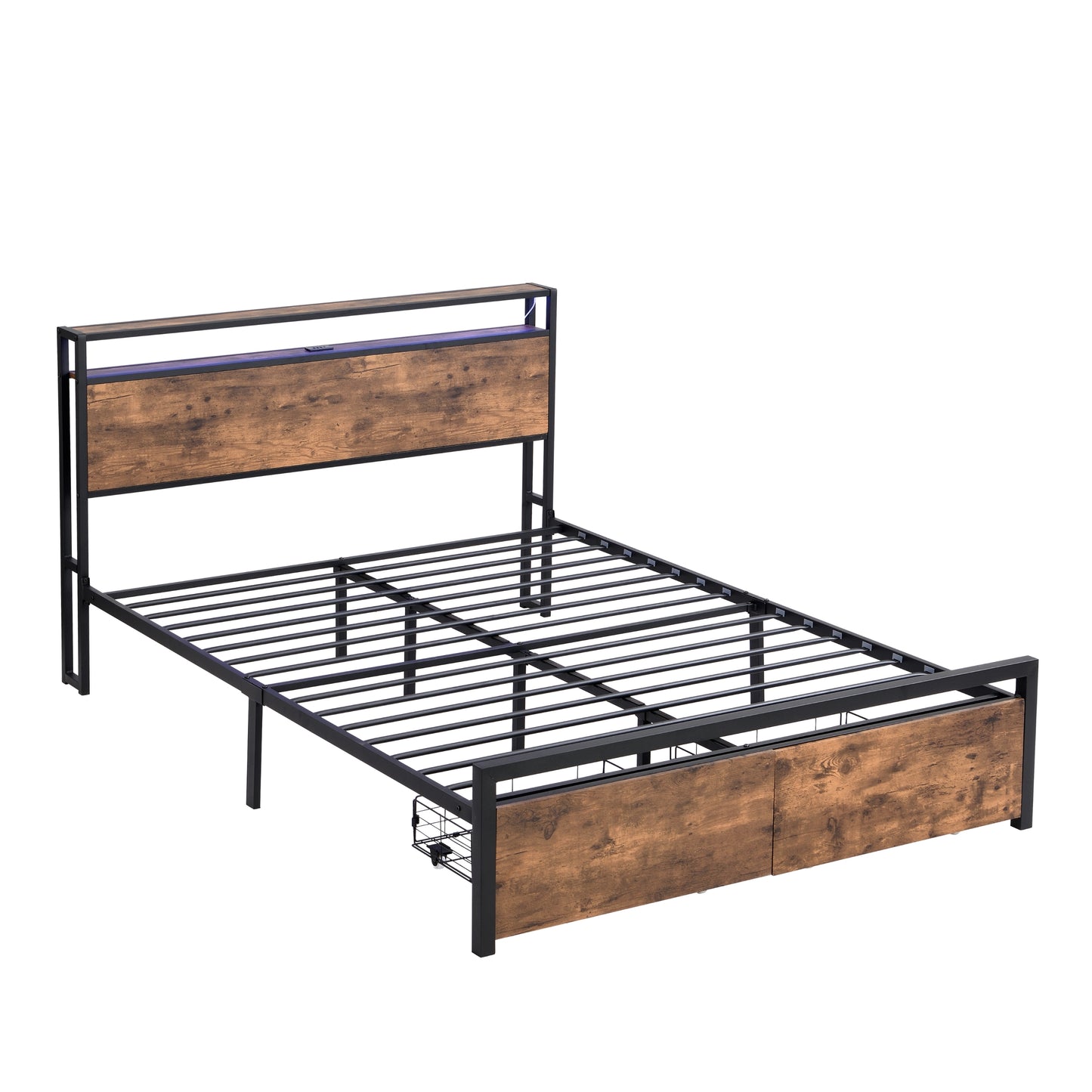 Modern Queen Bed Frame with LED Headboard, Integrated Charging Station & Storage Drawers – Sturdy Metal Platform, No Box Spring Required