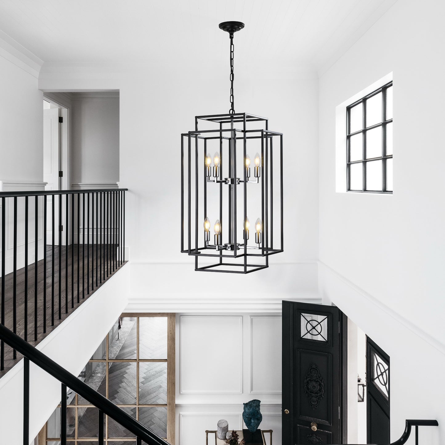8-Light Lantern Pendant Light Industrial Farmhouse Chandelier for Entryway, Kitchen Island Black & Silver