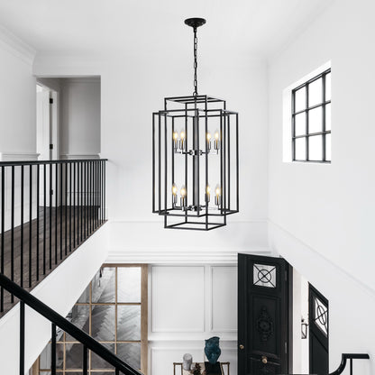 8-Light Lantern Pendant Light Industrial Farmhouse Chandelier for Entryway, Kitchen Island Black & Silver