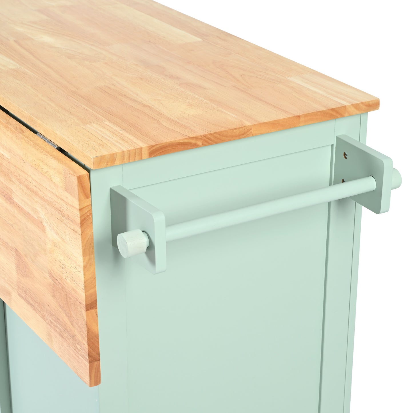 Mint Green Kitchen Island Cart with Drop-Leaf Rubberwood Top, Storage Cabinet, and 3 Drawers on Wheels