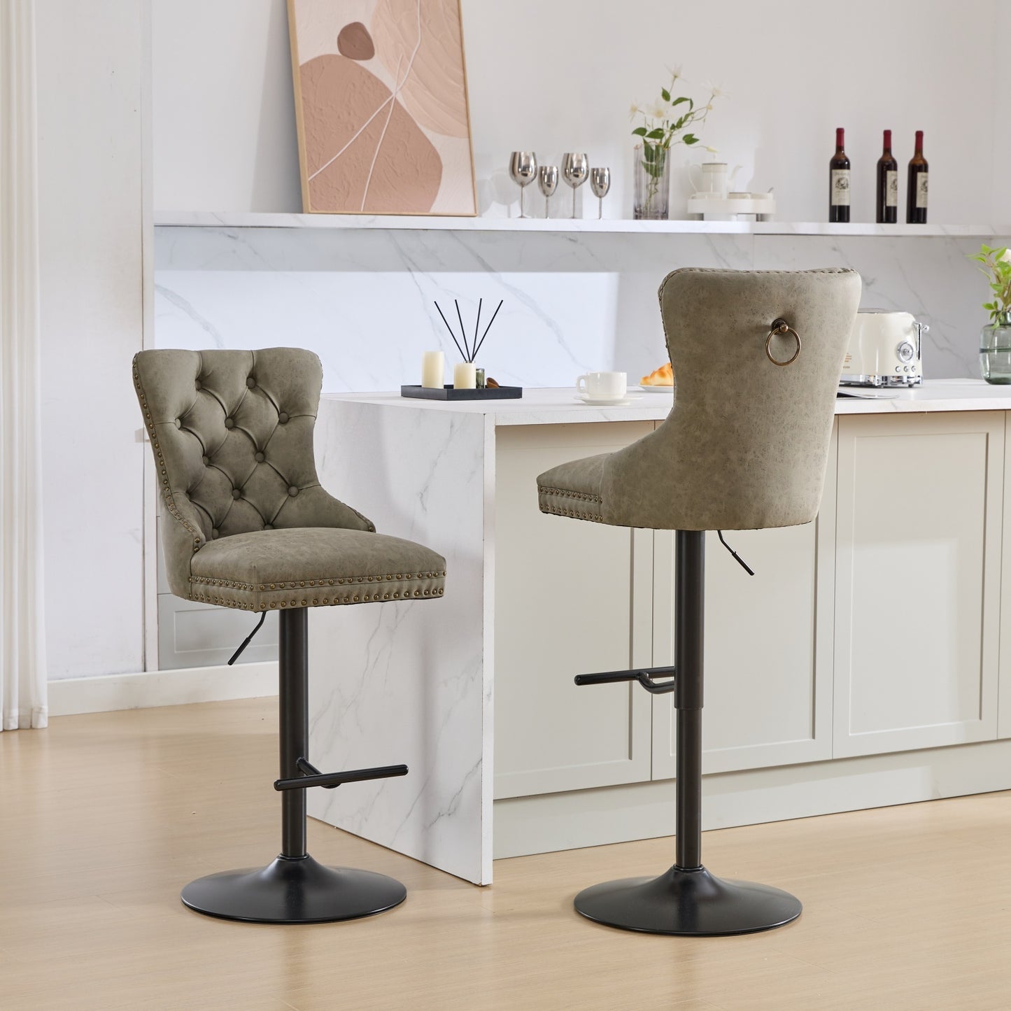 Aged Retro PU Swivel Bar Stools Adjustable Olive Green 2 Pack