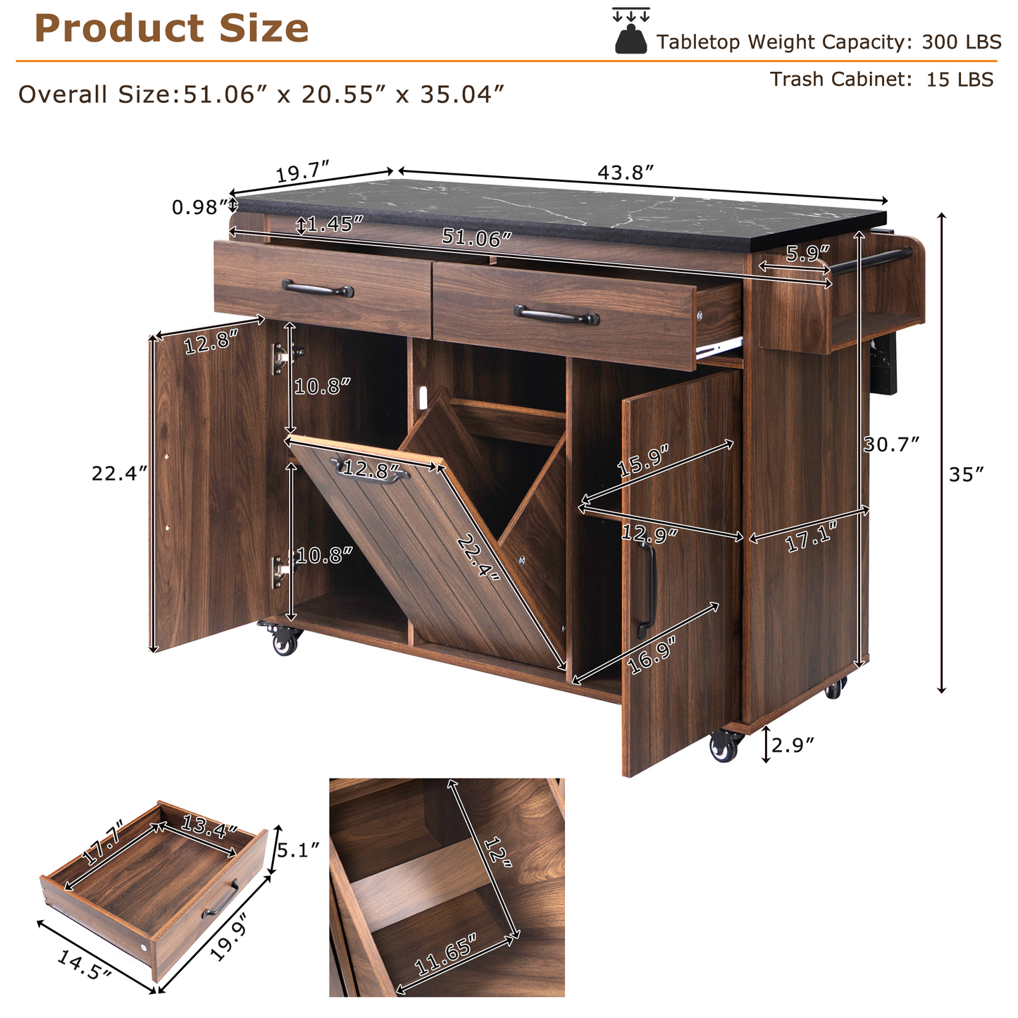 Walnut Brown Rolling Kitchen Island with Drop Leaf, Trash Can Storage, Spice & Towel Racks, and Adjustable Shelves