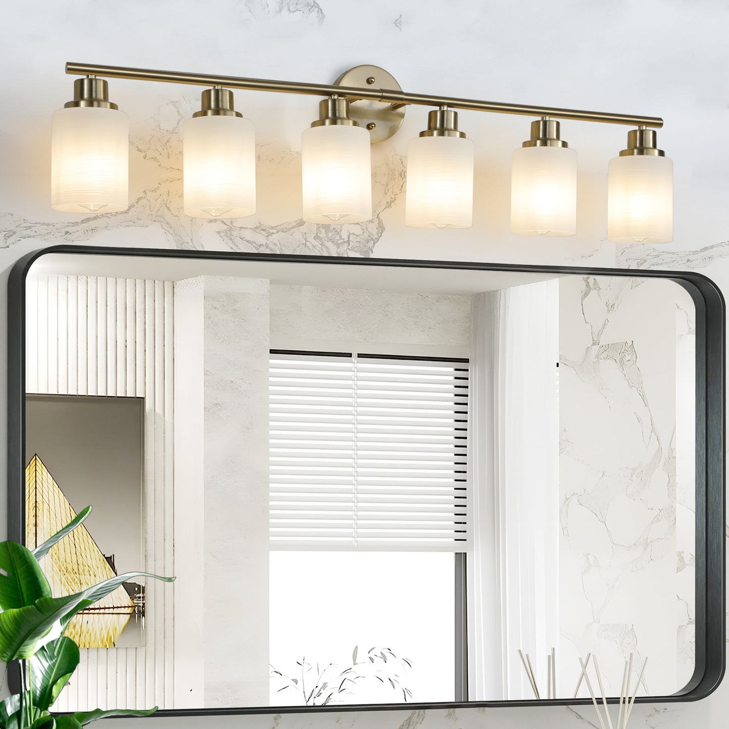 6-Light Vanity Light Bar for Bathrooms with Frosted Glass Shades, Contemporary Wall Mount, Golden