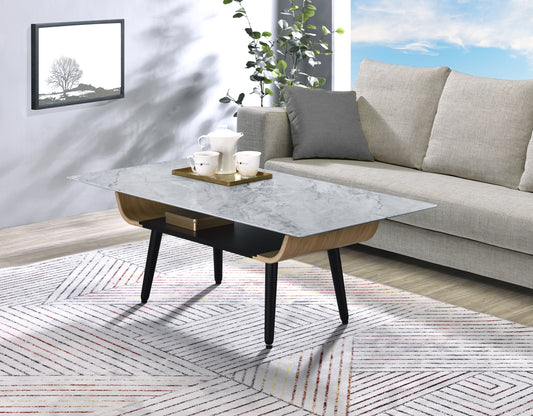 Modern 47-Inch Coffee Table with Glass Marble-Texture Top, Bent Wood Base, Storage Shelf, Gray