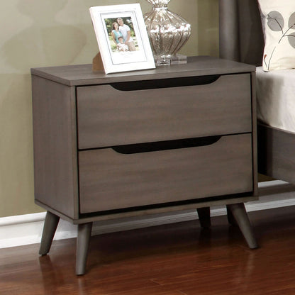 Mid-Century Modern Gray Color 1pc Nightstand Bedroom Furniture Solid wood Round Tapered Legs 2-Drawers Bedside Table