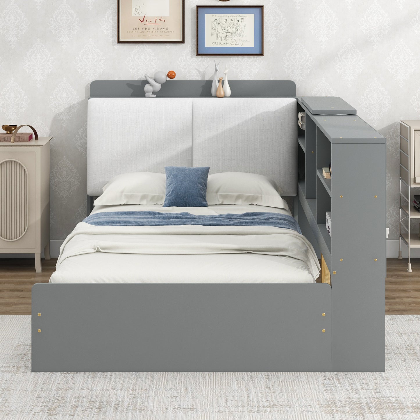 Gray Wood Twin Platform Bed with Storage Headboard, Shelves, and Dual Drawers