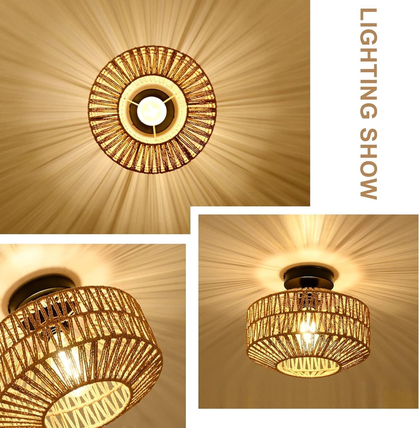 Hand-Woven Rattan Ceiling Chandelier - Flush Mount, Dimmable LED Included, Boho Hallway & Bedroom Brown