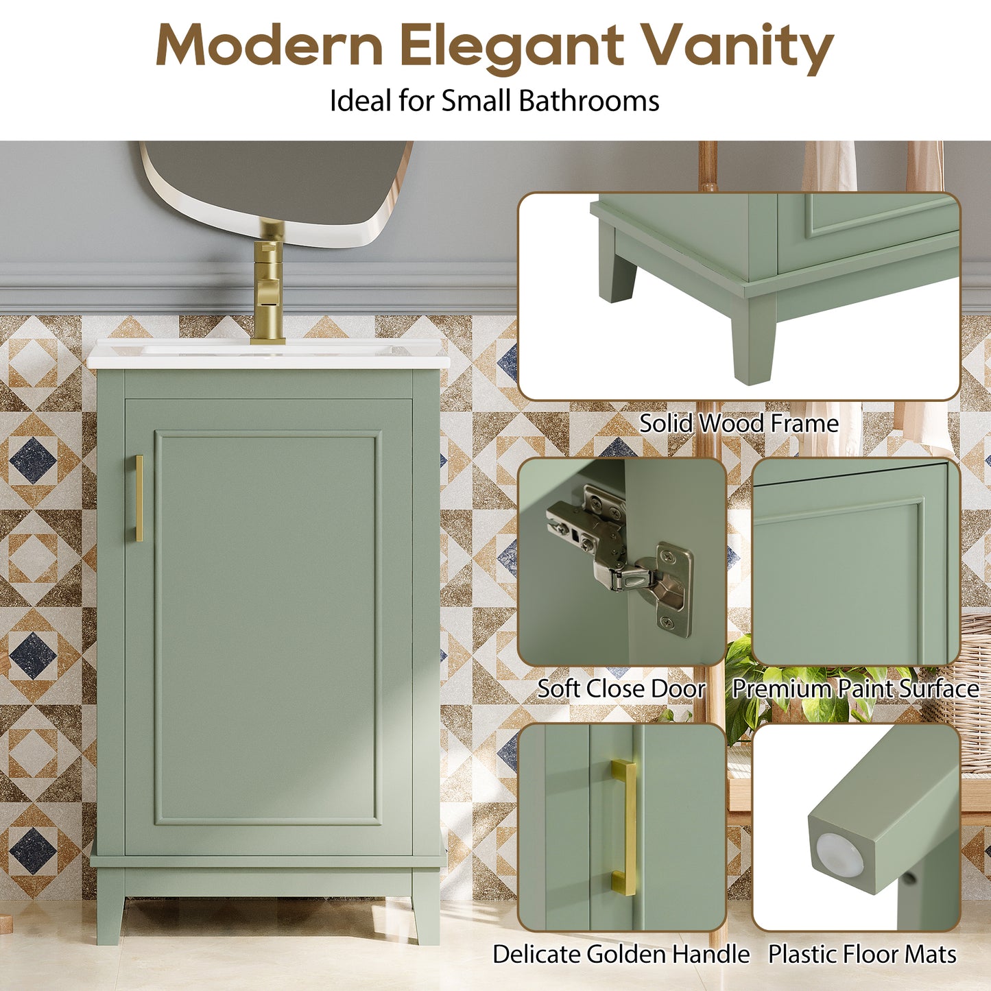 Compact 20-Inch Green Bathroom Vanity Cabinet with Ceramic Sink - Stylish Storage Solution for Small Spaces