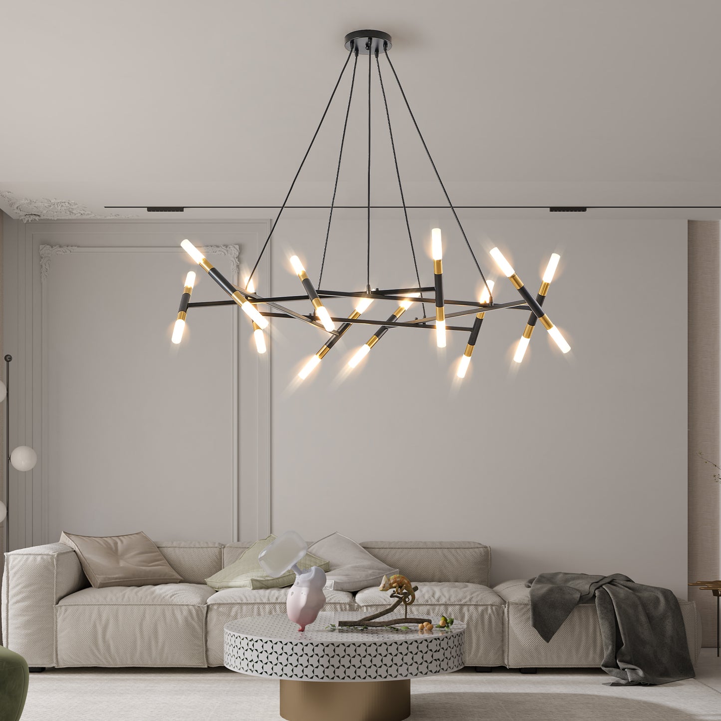 Modern Branch Chandelier with Frosted Tubes, Adjustable Pendant for Dining and Living Rooms Black & Gold