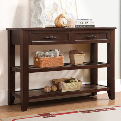 42-Inch Console Table with 2 Drawers and 2-Tier Shelves, Solid Wood Sideboard for Living Room Espresso