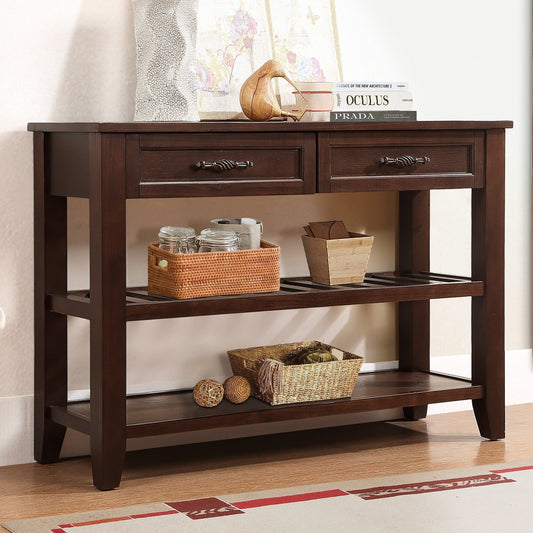 42-Inch Console Table with 2 Drawers and 2-Tier Shelves, Solid Wood Sideboard for Living Room Espresso