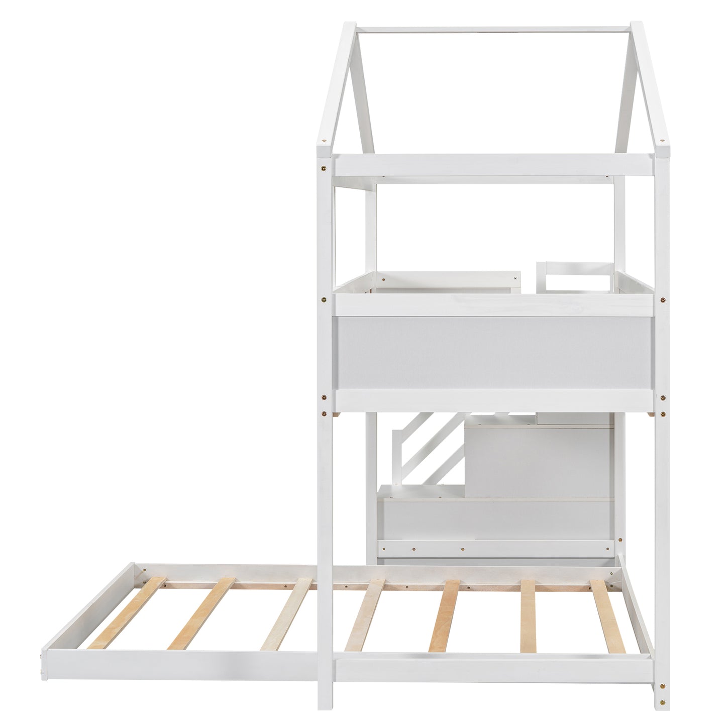 Whimsical Twin over Full House Bunk Bed with Storage Steps and Blackboard, White
