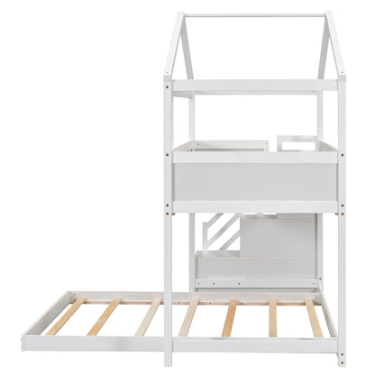 Whimsical Twin over Full House Bunk Bed with Storage Steps and Blackboard, White