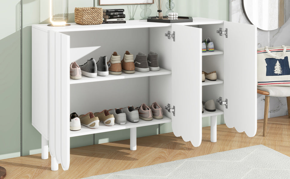 ON-TREND Cream Style Minimalist Shoe Cabinet with 5 Solid Wood Legs, Sideboard Buffet Cabinet with Adjustable Shelves, Large Storage Cabinet with Wave Doors for Living Room, White
