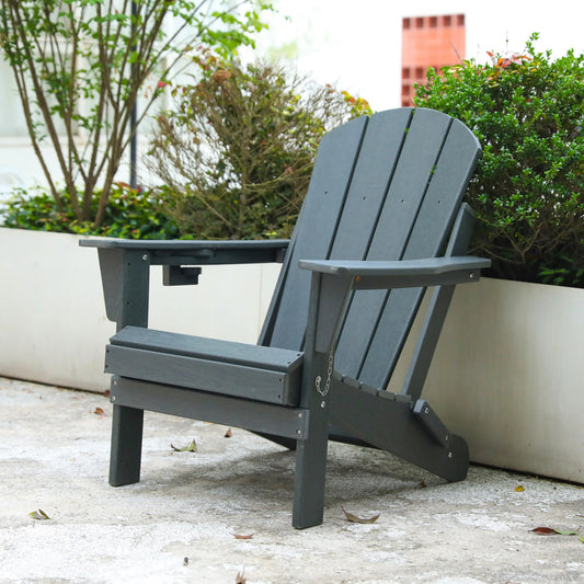 HDPE Folding Adirondack Chair With Dual Cup Holder, Weather-Resistant Outdoor Seating, Wood Texture Gray