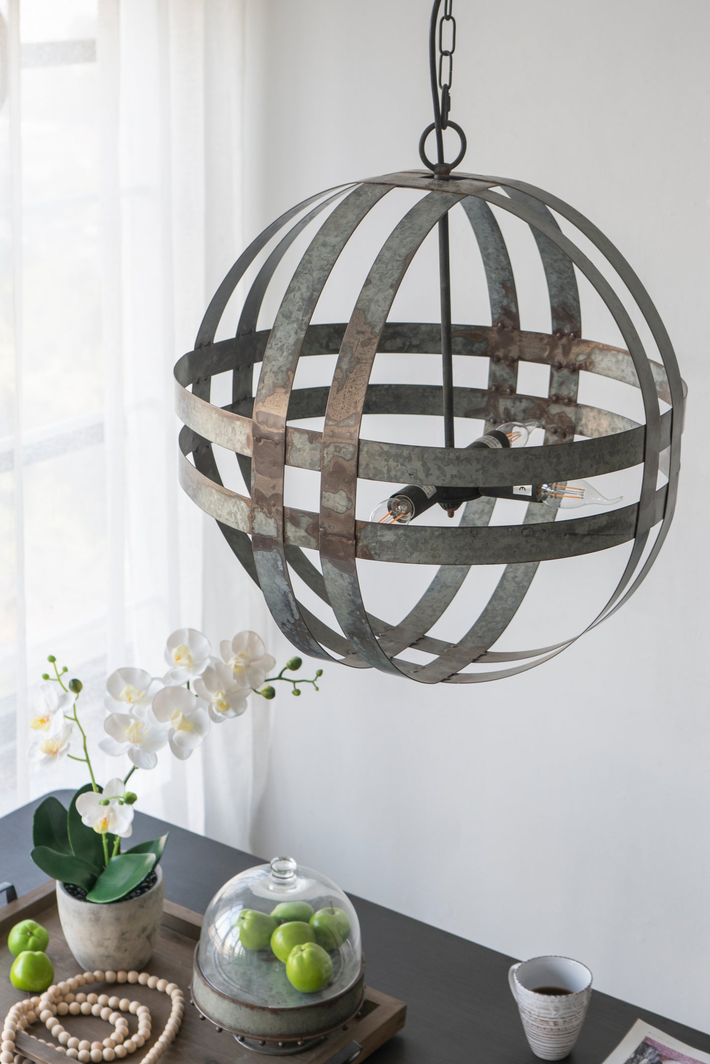 4-Light Spherical Galvanized Metal Chandelier with Adjustable Chain for Kitchen & Dining - Antique Silver