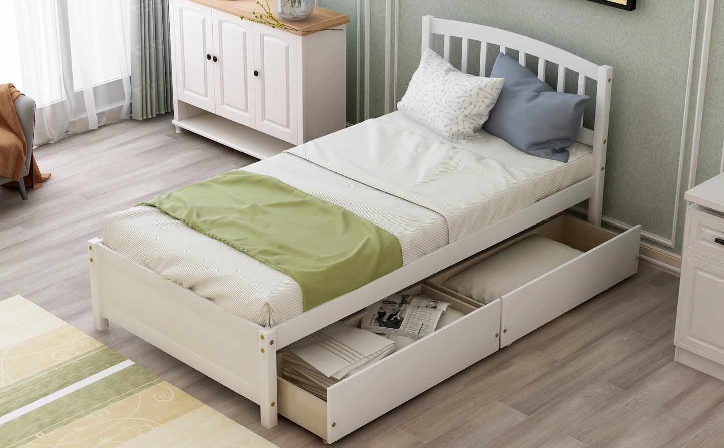 Elegant White Twin Platform Bed with Storage Drawers and Headboard