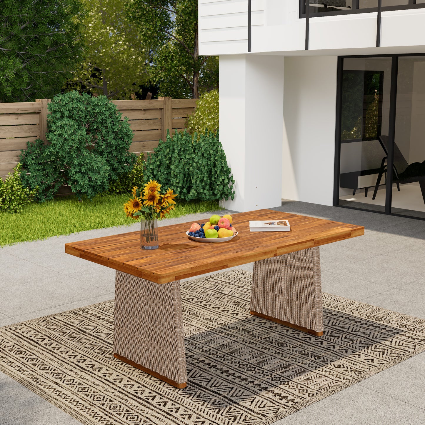 Outdoor Acacia Wood Dining Table 70 Inch Long 31.5 Inch Wide For Patio With Wicker Accents Teak Finish