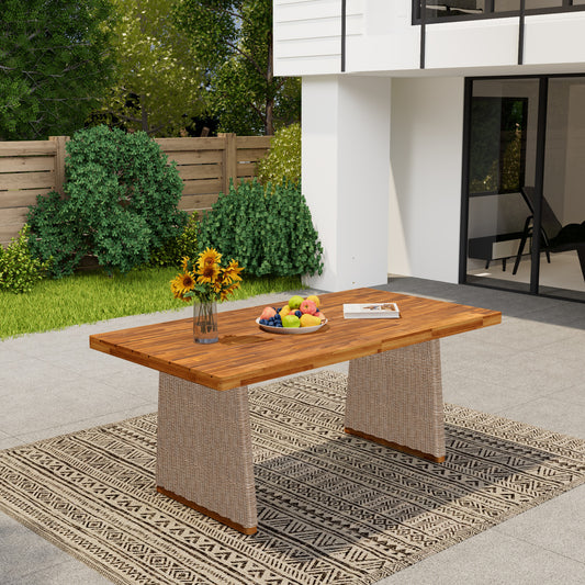 Outdoor Acacia Wood Dining Table 70 Inch Long 31.5 Inch Wide For Patio With Wicker Accents Teak Finish