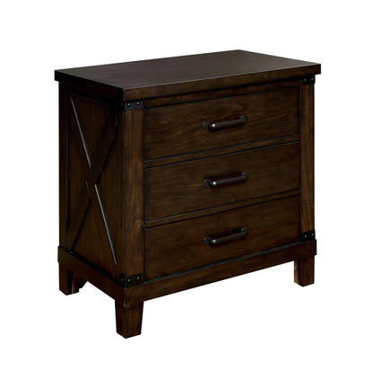 Rustic Dark Walnut Nightstand with 3 Drawers and Black Bar Pulls - Solid Wood Bedroom Furniture