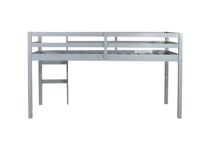 Grey Solid Rubber Wood Twin Loft Bed with Ladder and Sturdy Slat Support
