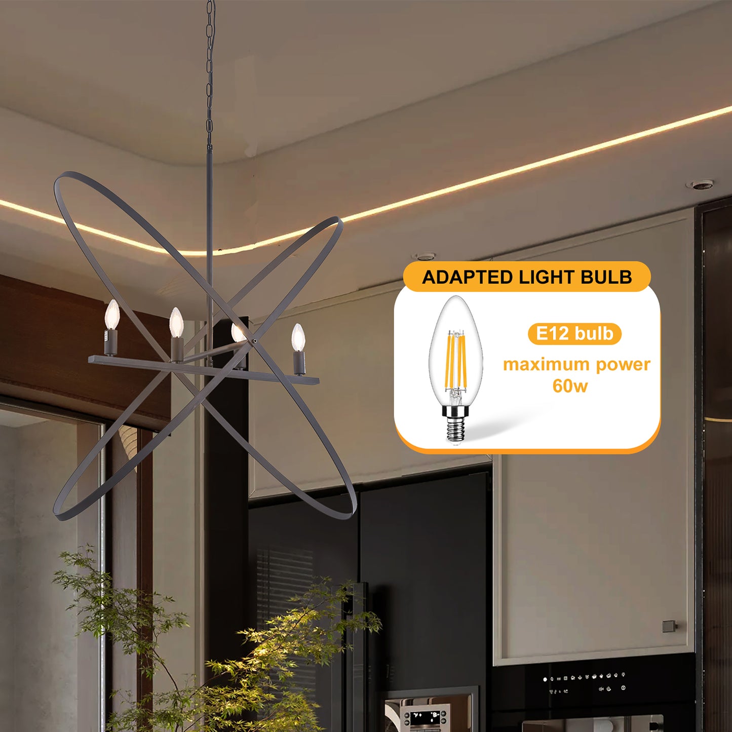 4-Light Orb Pendant, 29L x 15W x 37.5H in, Brass Metal, Modern Art-Inspired, Dimmable, Matte Black