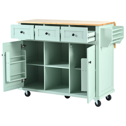 Mint Green Kitchen Island Cart with Drop-Leaf Rubberwood Top, Storage Cabinet, and 3 Drawers on Wheels