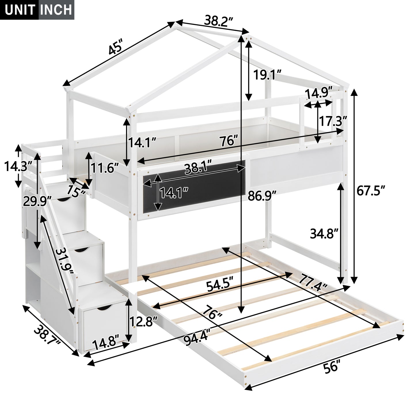 Whimsical Twin over Full House Bunk Bed with Storage Steps and Blackboard, White
