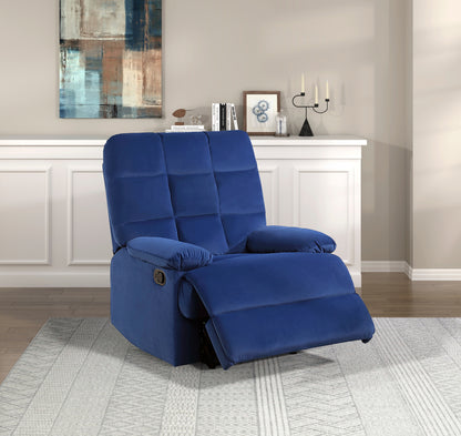 Velvet Recliner Chair with Pillow-Top Arms and Square Tufted Back, Solid Wood Frame, 35x36x40.5 in Blue