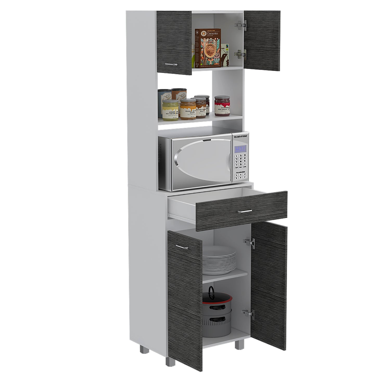 Microwave Storage Cabinet Madison, Kitchen Organizer, White & Smokey Oak