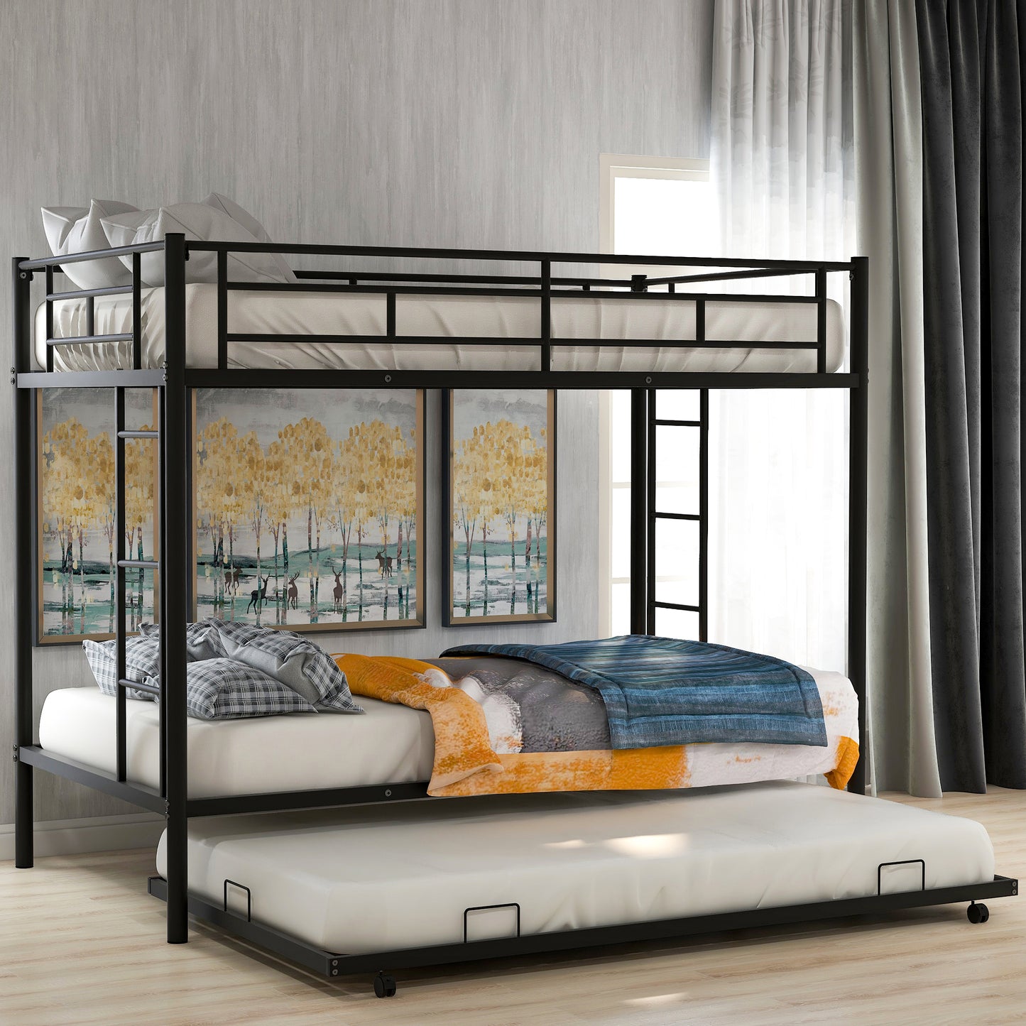 Sleek Black Twin Over Twin Bunk Bed with Trundle for Ultimate Space Efficiency