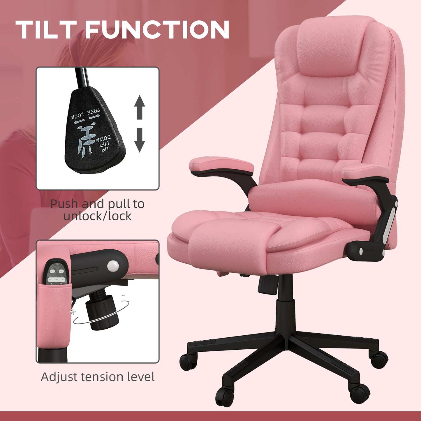 Pink High Back Massage Office Chair with Heated Recline and Remote Control - 6 Vibration Points, PU Leather