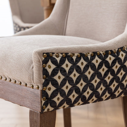 A&A Furniture, Ultra Side Dining Chair, Thickened fabric chairs with neutrally toned solid wood legs, Bronze nail head, Set of 2, Beige and Patterned,SW2207BG