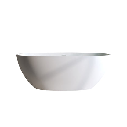 59'' Oval Matte White Solid Surface Freestanding Soaking Tub with Center Drain and Pop-up Drain System