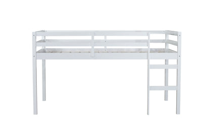 Contemporary Rubber Wood Twin Loft Bed with Ladder and Spacious Storage, White Finish
