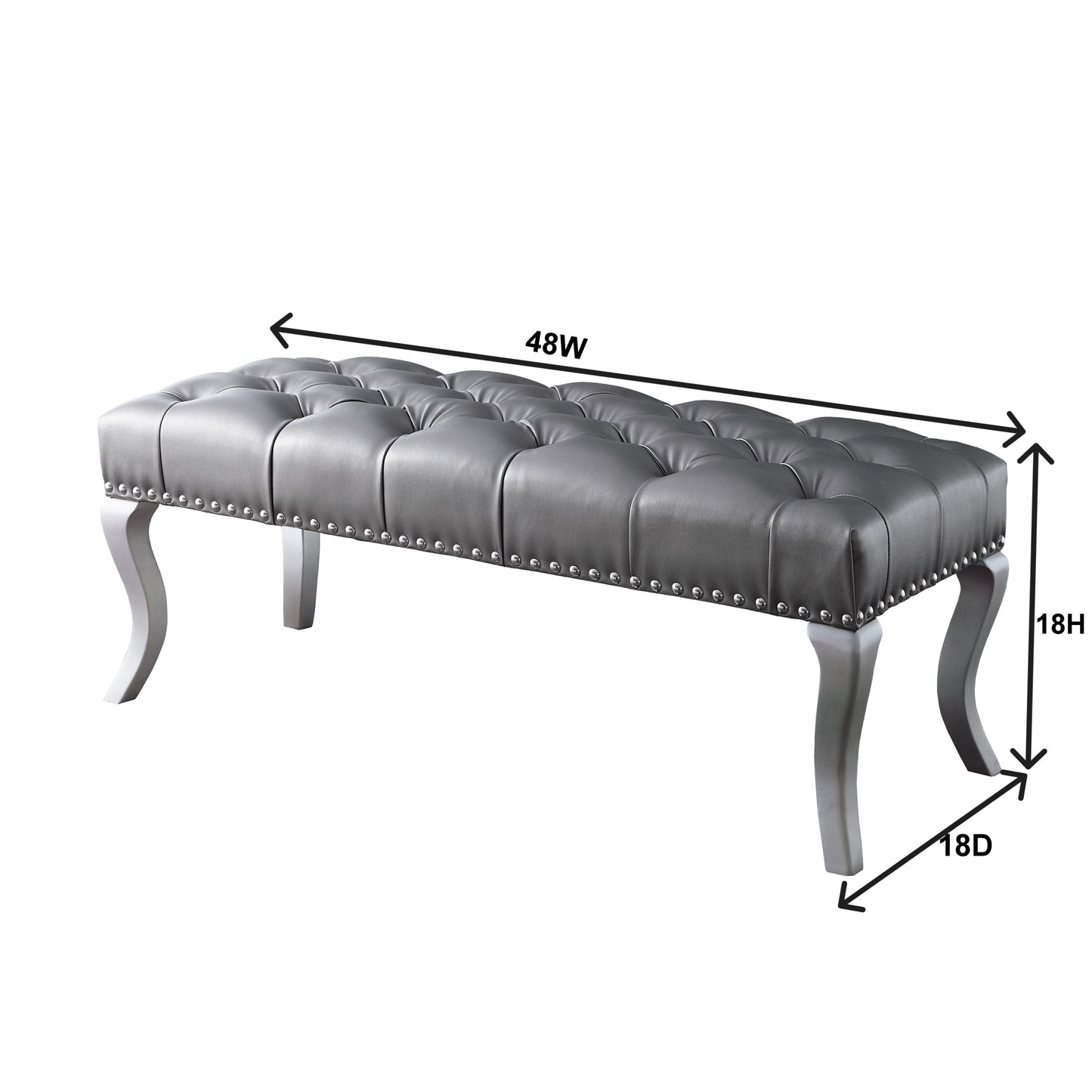 Tufted Fabric Upholstered Bench with Nailhead Trim, Crystal Button Tufting, 48W x 18D x 18H, Champagne