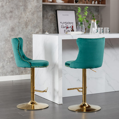 Set of 2 Adjustable Swivel Bar Stools, 25-33 in, Velvet, Modern Kitchen Island Counter Height, Green