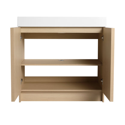 Modern 36" Freestanding Oak Bathroom Vanity with Soft-Close Doors & Integrated White Resin Sink