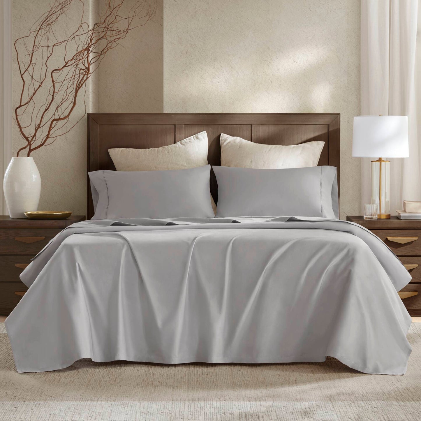 King Size Sateen Sheet Set, 400TC Egyptian Cotton, 16-Inch Deep Pockets, Flat & Fitted Pillowcases, Gray